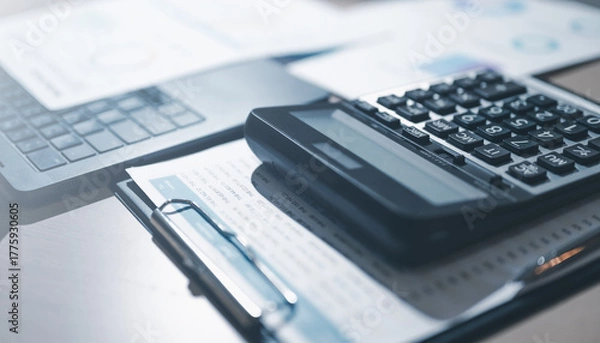 Fototapeta analysis, accounting, finance, Close-up of a calculator and financial documents on a desk, representing accounting, tax calculation, and business analysis concepts.