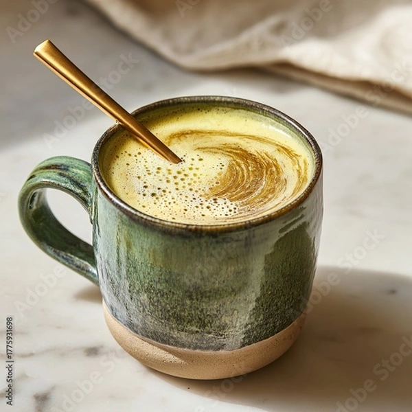 Fototapeta Green ceramic Cup of coffee with milk. Generative AI.