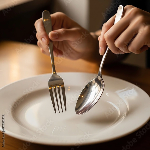 Fototapeta A person's hands holding a shiny metal fork and spoon over a clean, empty white ceramic plate on a wooden table.