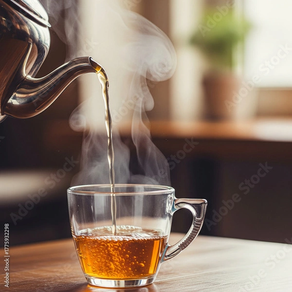 Fototapeta Close-up shot of a clear glass cup being filled with hot tea from a metal teapot.