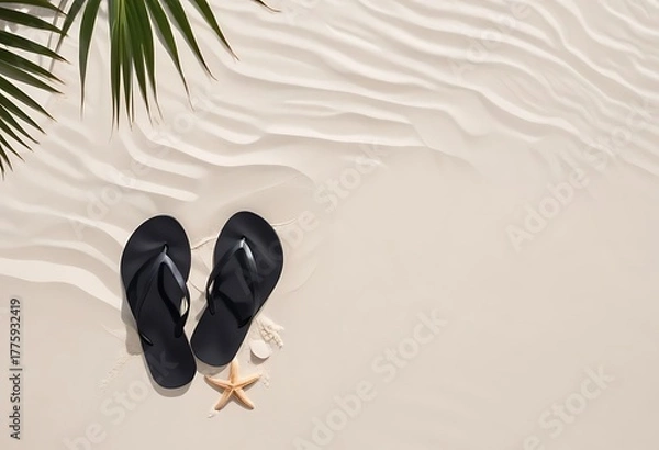 Obraz Black flip flops and starfish on a sandy beach with palm fronds overhead