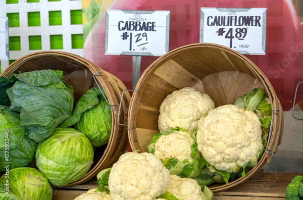 Obraz Cabbage and Cauliflower for sale t a fresh food market