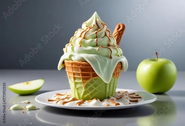 Obraz Delicious green apple soft serve ice cream sundae with chocolate drizzle