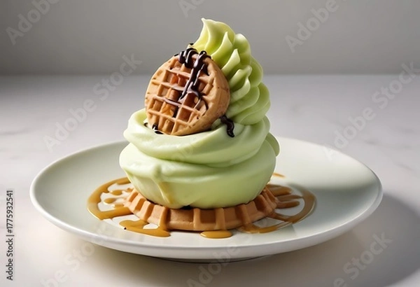 Obraz Green tea soft serve ice cream with waffle and caramel sauce