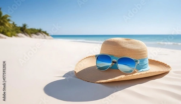 Obraz Straw hat and sunglasses resting on a sandy beach with ocean in the background