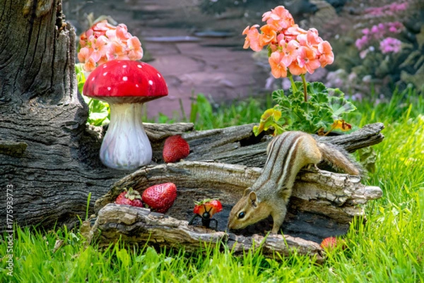 Obraz Garden scene with chipmunk and ants holding  ripe strawberries 