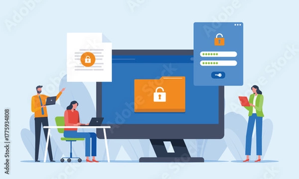 Obraz business flat vector illustration design concept data security and server administrator and developer team working together
