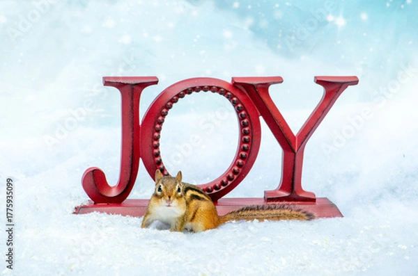 Fototapeta Joyful chipmunk in the snow poses by a holiday sign that says JOY