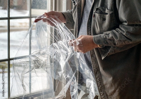 Obraz Male opens up plastic sheeting, used to insulate windows in winter time