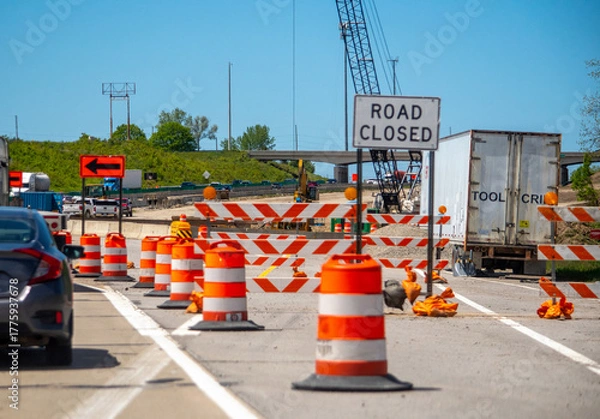 Obraz Signs show a Road is closed on a  highway during a large construction zone in Michigan USA 