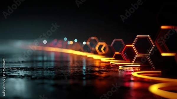 Obraz Abstract futuristic design with illuminated hexagons and blurred bokeh in a dark environment