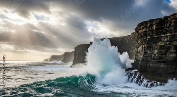 Obraz Crashing waves against the rugged cliffs on a sunny day in ireland