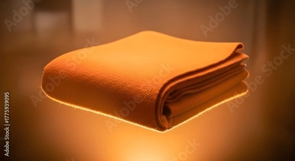 Obraz Closeup of a folded orange blanket on a reflective surface with warm lighting