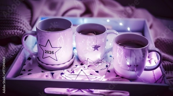 Fototapeta Three White Coffee Mugs on Tray with Fairy String Lights in Cozy Bedroom Setting