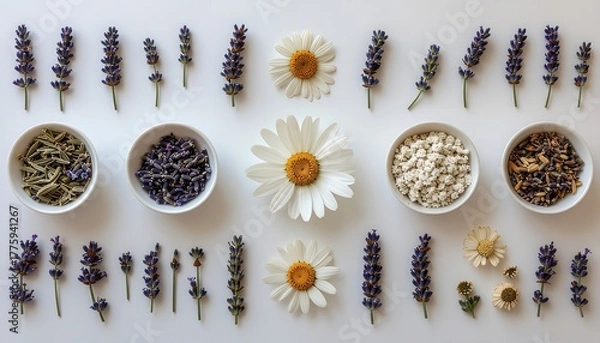 Fototapeta Symmetrical flat lay of lavender, daisies, and bowls of dried herbs on a white background.