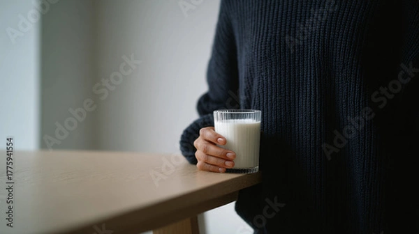 Fototapeta Hispanic Person in Dark Navy Ribbed Sweater Holding a Glass of Milk on a Wooden Table, Generative AI