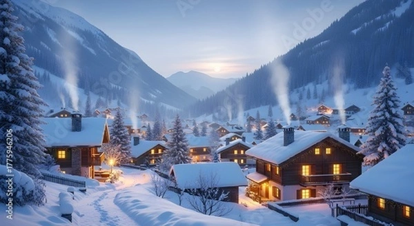 Obraz Winter village in snowy mountains with cozy houses and smoking chimneys