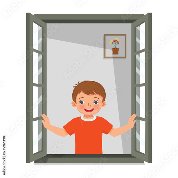 Obraz Little boy opening window enjoying fresh air in the morning