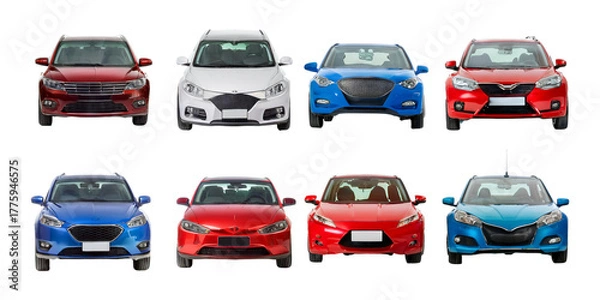 Fototapeta Front View of Four Modern Cars in Red, White, and Blue Colors, isolated on transparent background