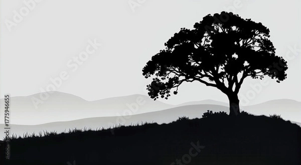 Obraz Silhouette of a Solitary Tree on a Hill During Sunset With Distant Mountains in the Background