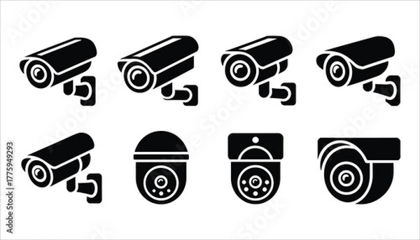 Obraz Collection of black security camera icons on white background various surveillance camera designs cctv camera