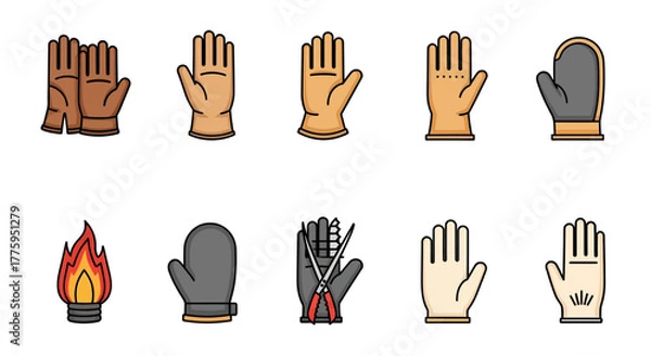 Obraz Vector icon set of various protective gloves and essential tools for work safety, construction, and gardening activities, isolated on a clean white background