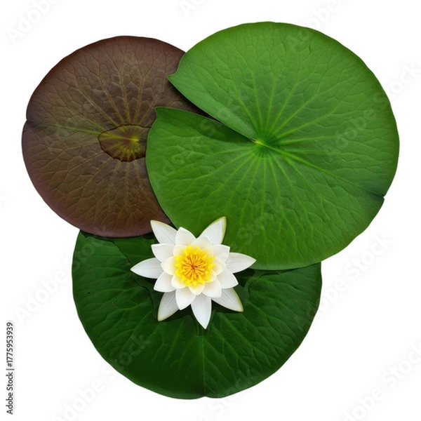 Fototapeta Top view of a white water lily with leaves isolated on transparent background