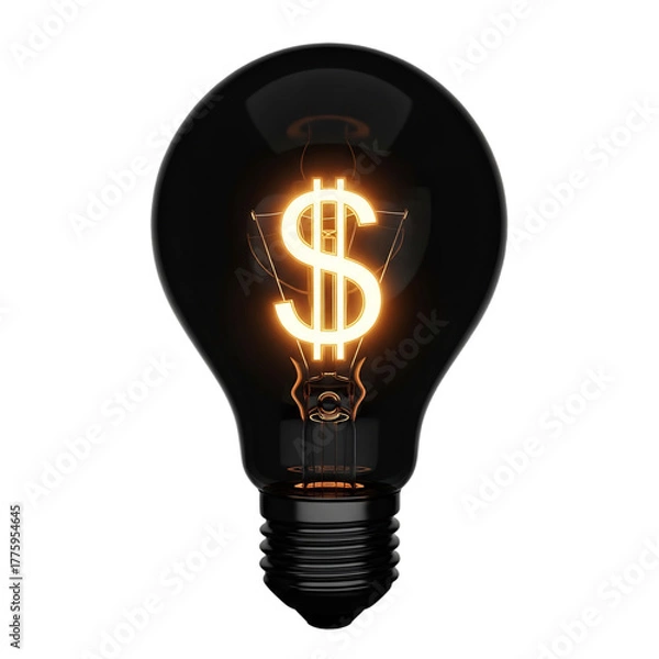 Fototapeta Black lightbulb with a glowing golden dollar sign ($) filament, sharply focused and dramatic. Perfect for financial savings, smart shopping, business innovation, budget planning,
