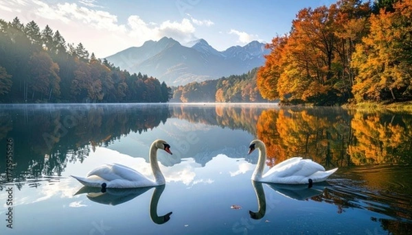 Obraz Two White Swans Glide Across a Calm Lake Surrounded by Autumn Trees and Majestic Mountains Under a Bright Sky
