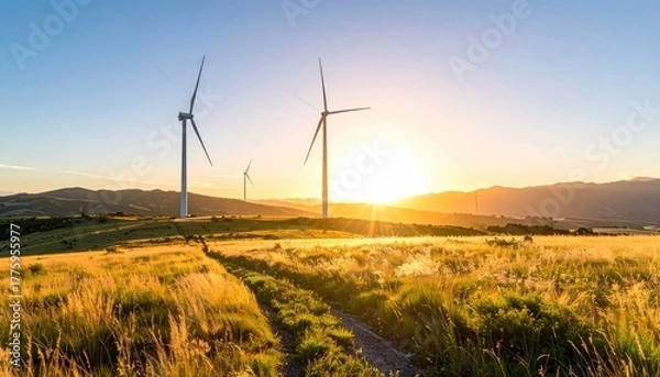 Obraz Two Wind Turbines Standing In A Golden Field At Sunrise With Rolling Hills In The Background And A Dirt Path Leading Towards Them