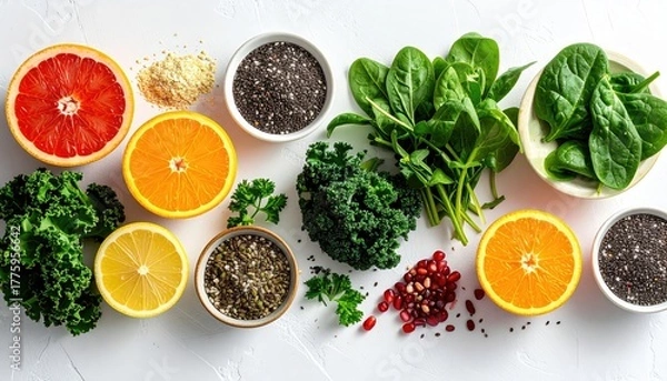 Obraz Vibrant Assortment Of Fresh Healthy Fruits And Leafy Greens Arranged Artfully On A White Surface