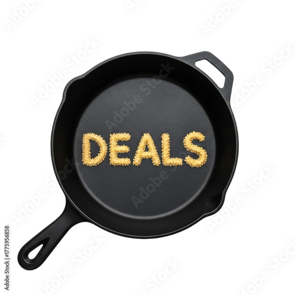Fototapeta Rustic cast-iron skillet, top-down, featuring 'DEALS' in sparkling golden salt. Ideal for kitchenware, home goods, foodie sales, Black Friday, Cyber Monday, and holiday promotions.
