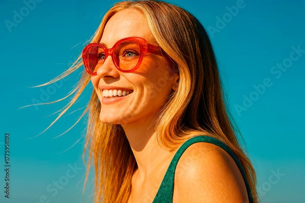 Fototapeta Happy Young Woman Enjoying Summer at the Beach – Relaxed Vacation Moments by the Sea