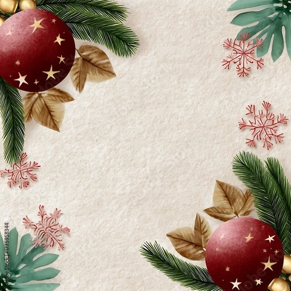 Obraz Festive Christmas Background with Ornaments, Pine Branches, and Snowflakes Design