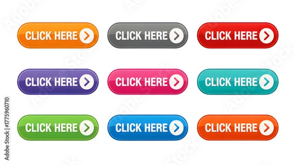 Fototapeta Vibrant click here buttons for web design and marketing call to action with arrow