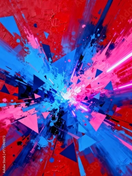Fototapeta Vibrant geometric abstract explosion with blue pink and red paint splashes. Generative AI.