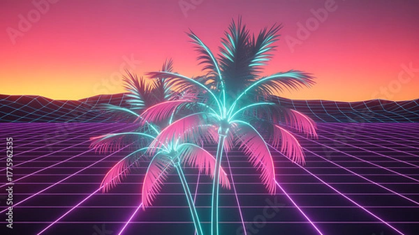 Fototapeta Retro neon palm trees on a grid vibrant sunset 80s style background for posters and digital art