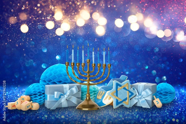 Fototapeta Colorful Hanukkah decorations with a menorah and dreidels