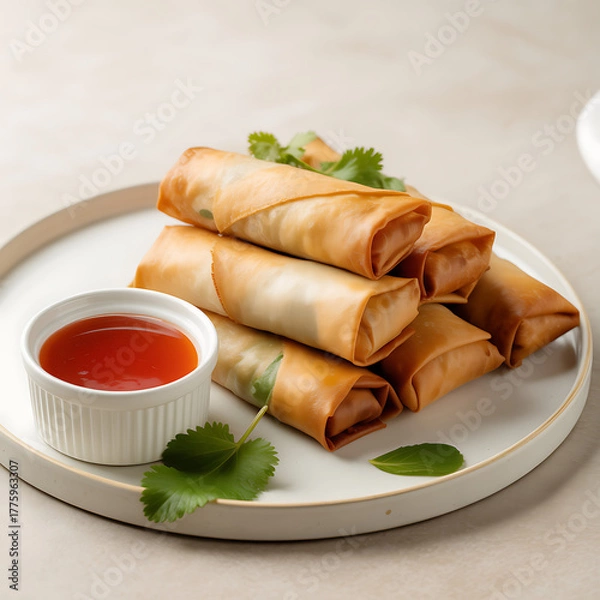 Obraz Crispy spring rolls with dipping sauce a delicious appetizer served on a plate