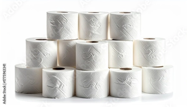 Fototapeta Stack of White Toilet Paper Rolls with Textured Pattern Isolated on White Background Detailed View