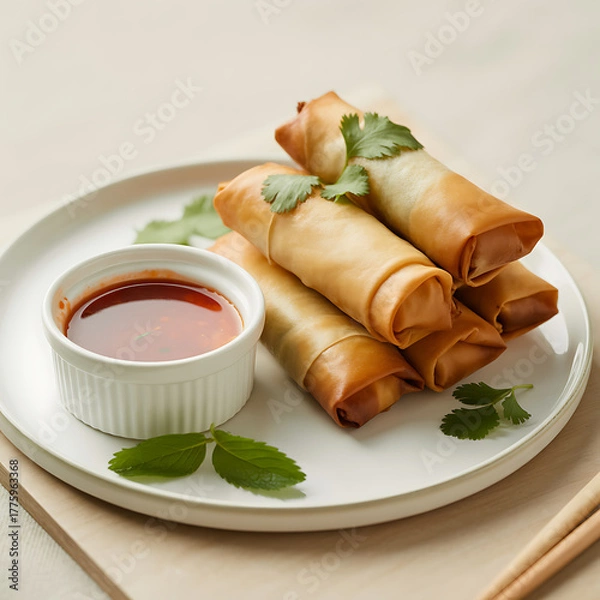 Fototapeta Crispy spring rolls with dipping sauce a delicious appetizer served on a white plate