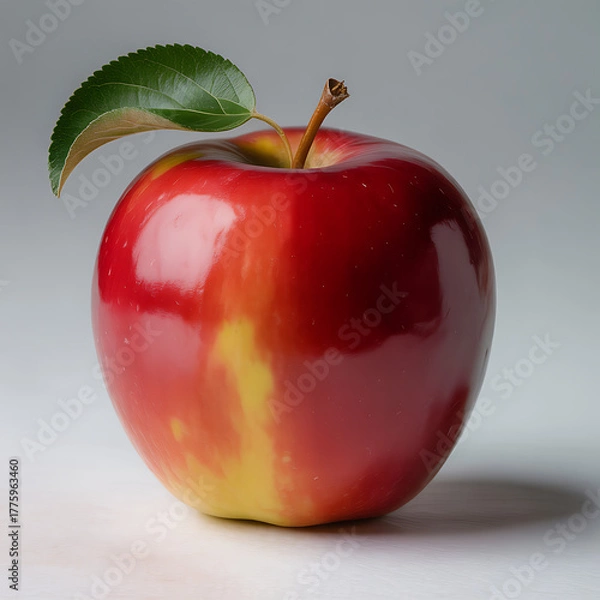 Obraz Fresh red apple with a green leaf studio shot on white background healthy eating concept