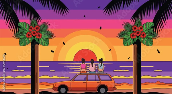 Obraz Beach sunset car trip illustration with palm trees and friends view