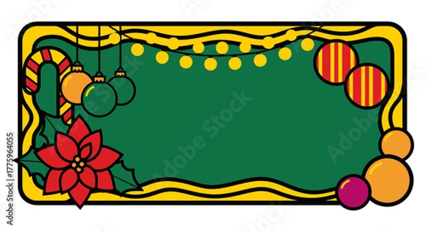 Fototapeta Christmas chalkboard frame with decorations and string lights