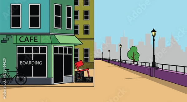 Fototapeta Cityscape cartoon illustration with cafe boarding and boardwalk view