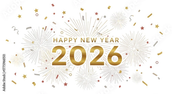 Obraz Happy New Year 2026 Typography with Golden Fireworks and Sparkling Confetti Background – Vector Illustration