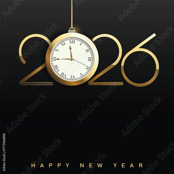 Fototapeta Luxury Happy New Year 2026 logo with golden clock ornament. Vector