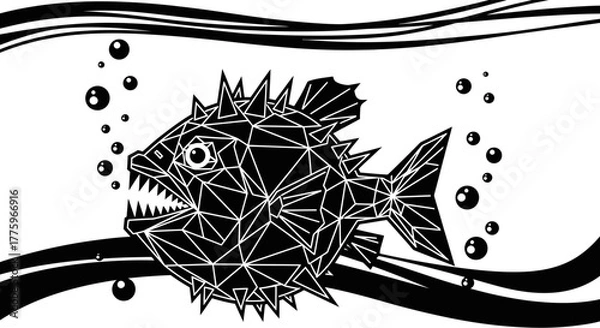 Fototapeta Fierce spiky fish with sharp teeth swims in stylized water with bubbles