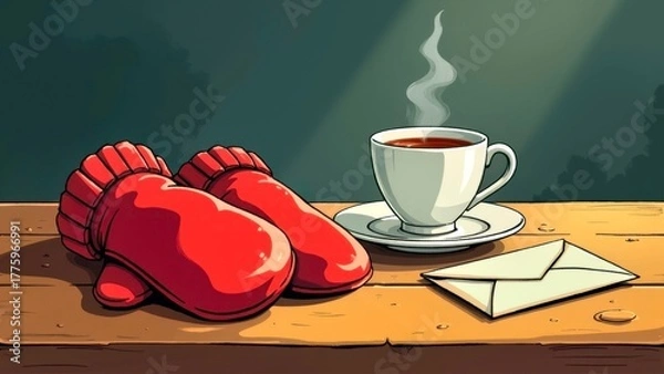 Obraz The cozy scene of hot coffee with red gloves indoors