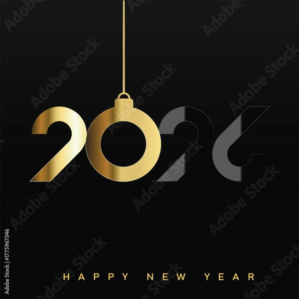 Fototapeta Luxury Happy New Year 2026 logo with golden Christmas ornament. Vector
